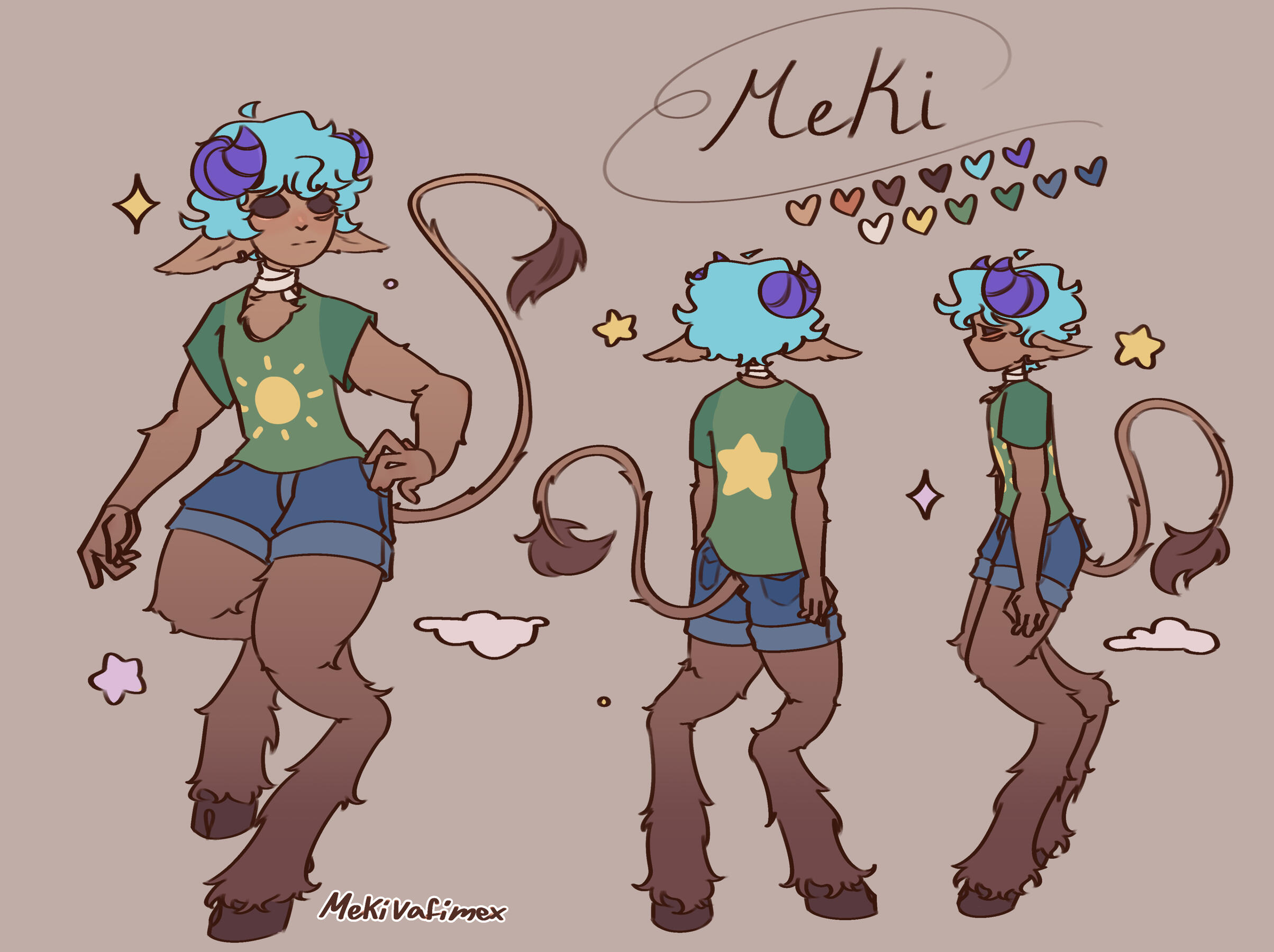 three full body drawings of Meki posing, front, back and profile, showing their body and clothing