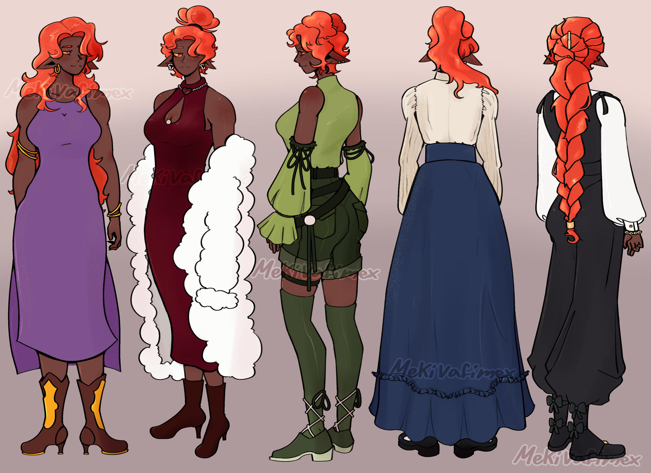 the character phy is standing facing five different direction and each one has a different outfit, accessories and hairstyle first one is in a dress, hair down, some arm accessories and ear hoops second one is in a bun, also a dress, a fluffy coat and hear