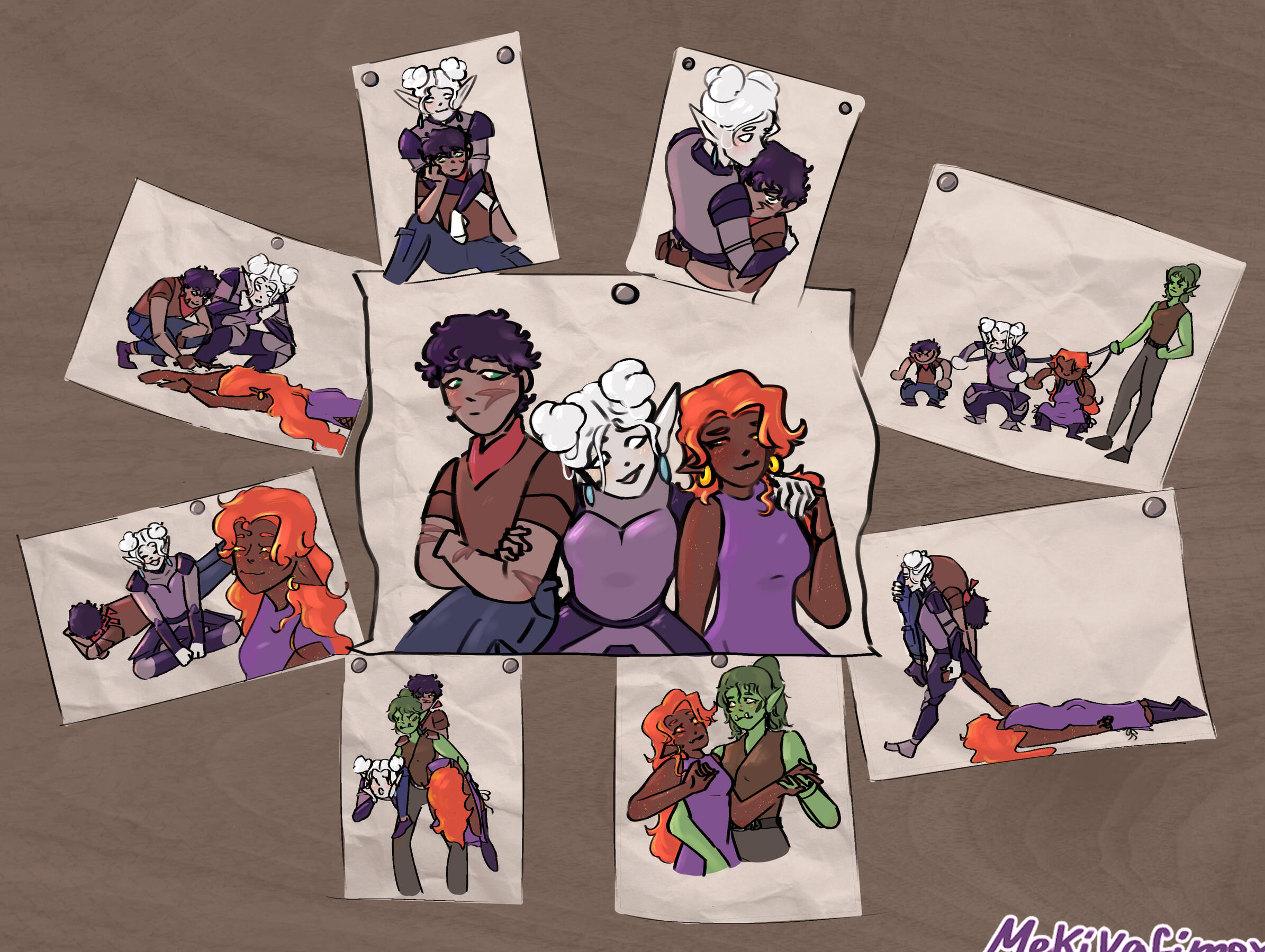 9 pictures, the middle one has a rogue kalashtar on the left Xoizen, in the middle a paladin aasimar Temavenz, on the right a fire genasi bard Phy, the middle pictures is surrounded by other smaller pictures where you can see the characters bonding and the