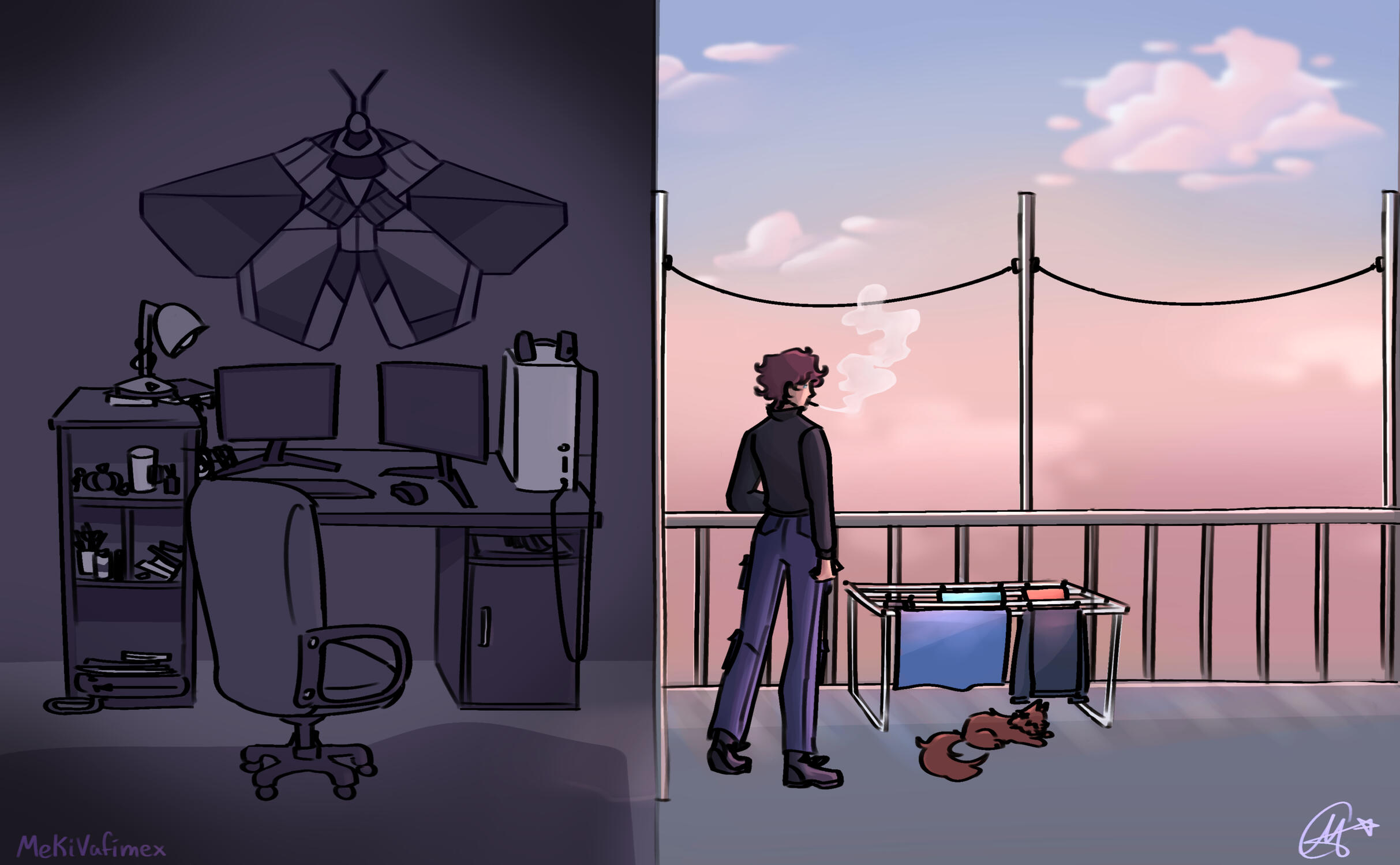 on the left there's a moth on the wall and a desk under it, on the desk there's a lamp, computer, two monitors, a shelf thing with random stuff in it like medicine, cup, pumpkin, in front of the desk there's a chair. On the right it's a balcony with laundr