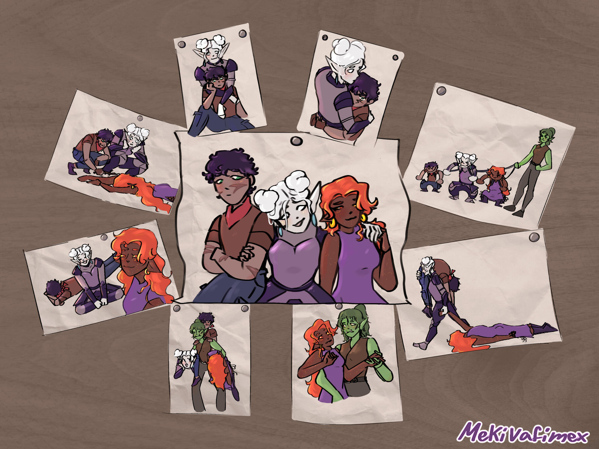 9 pictures, the middle one has a rogue kalashtar on the left Xoizen, in the middle a paladin aasimar Temavenz, on the right a fire genasi bard Phy, the middle pictures is surrounded by other smaller pictures where you can see the characters bonding and the